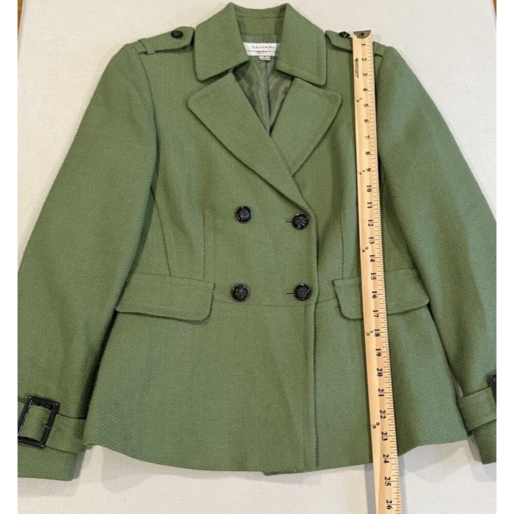 Tahari Pea Coat Womens 4 Green Wool Lined Preppy Old Money Quiet Luxury Travel